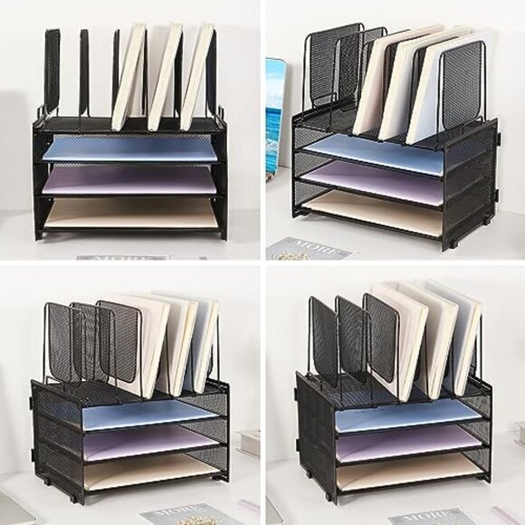 3-Tier Metal Desk Organizer with 5 File Holders, Office Supplies Storage - Picture 6 of 8